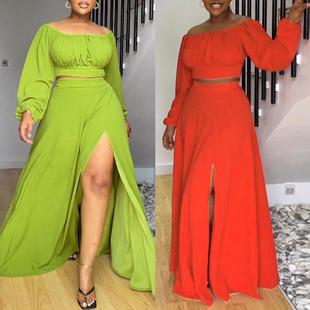 sets two piece slit skirt side long shoulder sexy off high