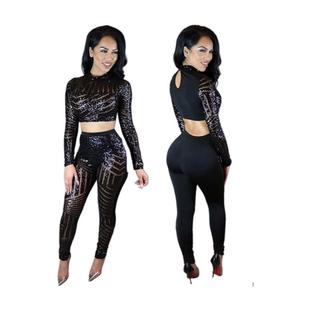 dress sequin hollow slim hip embroidery suit Black