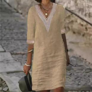 dress casual linen and cotton mid-sleeve trim lace V-neck