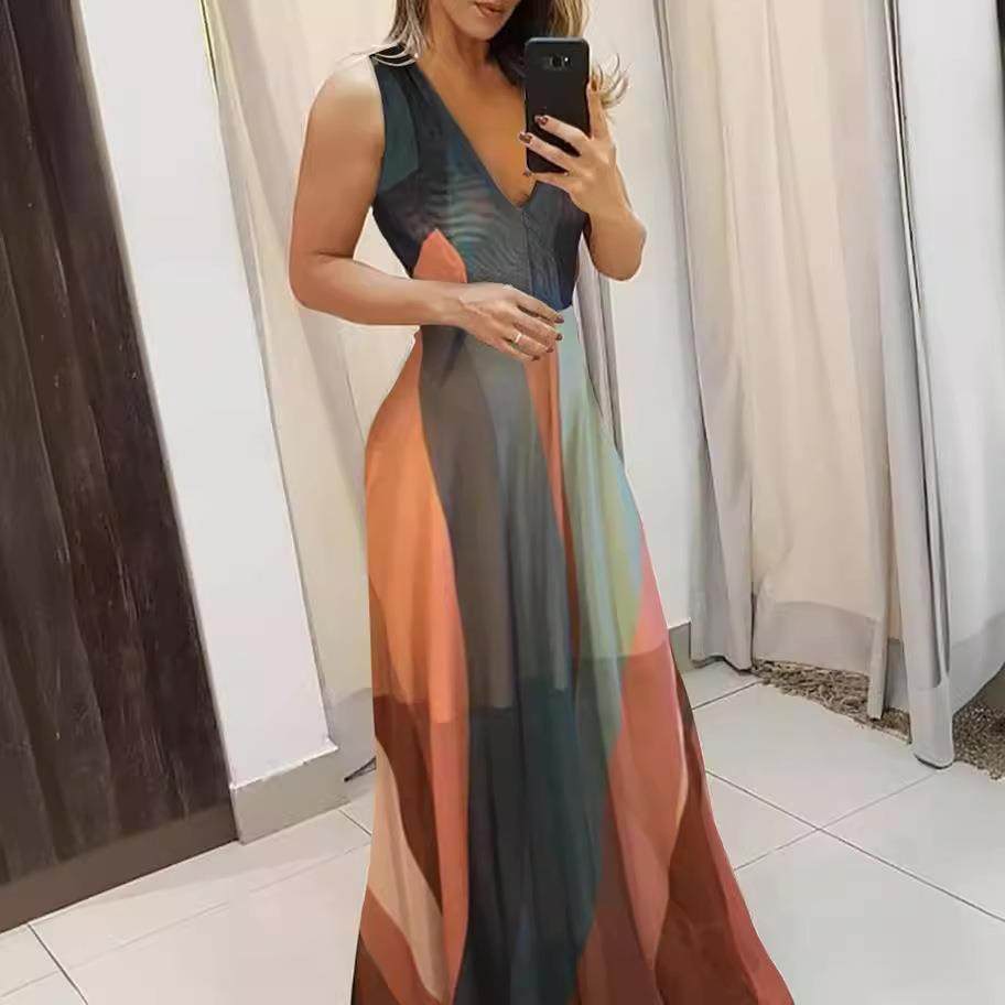 colorful commuting dress V-neck sleeveless matching waist