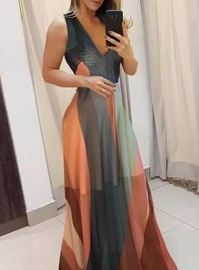 colorful commuting dress V-neck sleeveless matching waist