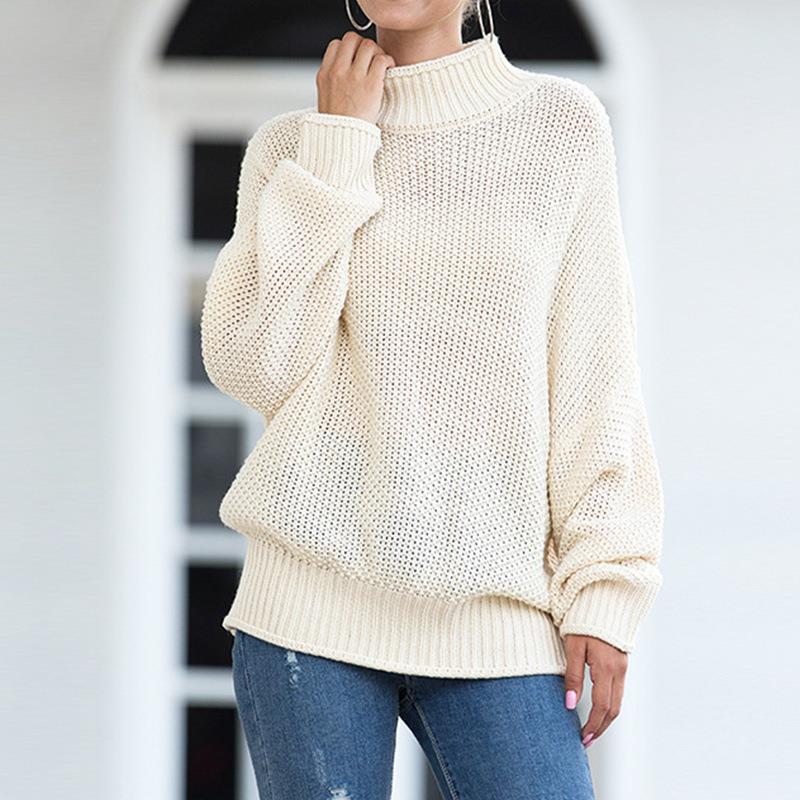Women's thick yarn sweater with bat sleeves and curled hem