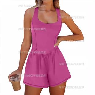 pockets streetwear sleeveless playsuits womens solid sport