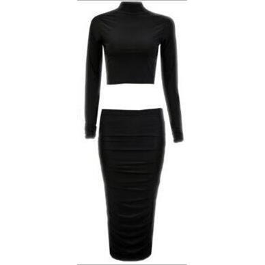 slim and gray soft pleated skirt super Black two-piece