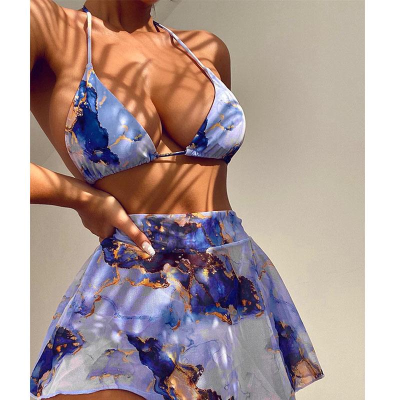 Bikini gradient halter neck sexy mesh swimsuit three piece