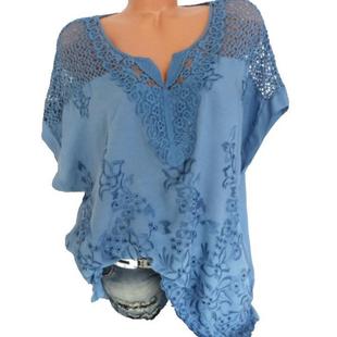 shirt lace embroidered neck sleeved short womens
