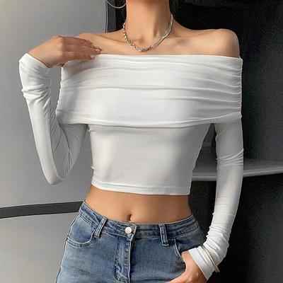 female crops tops solid color boat neck long pullover for