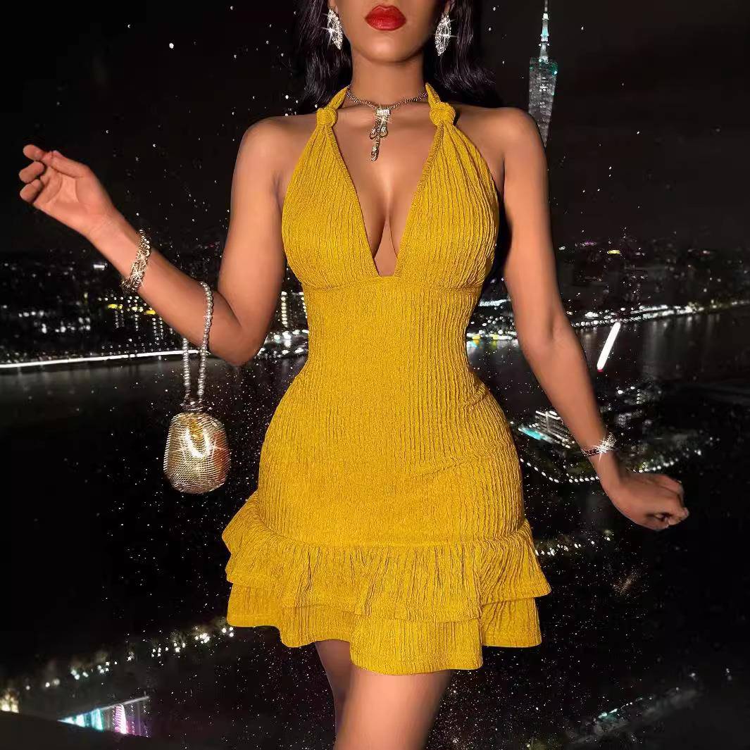 Sexy halter neck low-cut slim fit solid color hip-wrapped