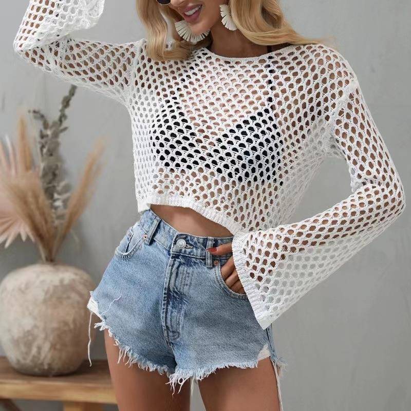 shirt sunscreen knitted bikini hollow neck round loose