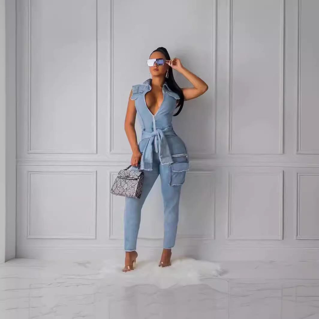 Fashionable women's accordion pocket denim jumpsuit