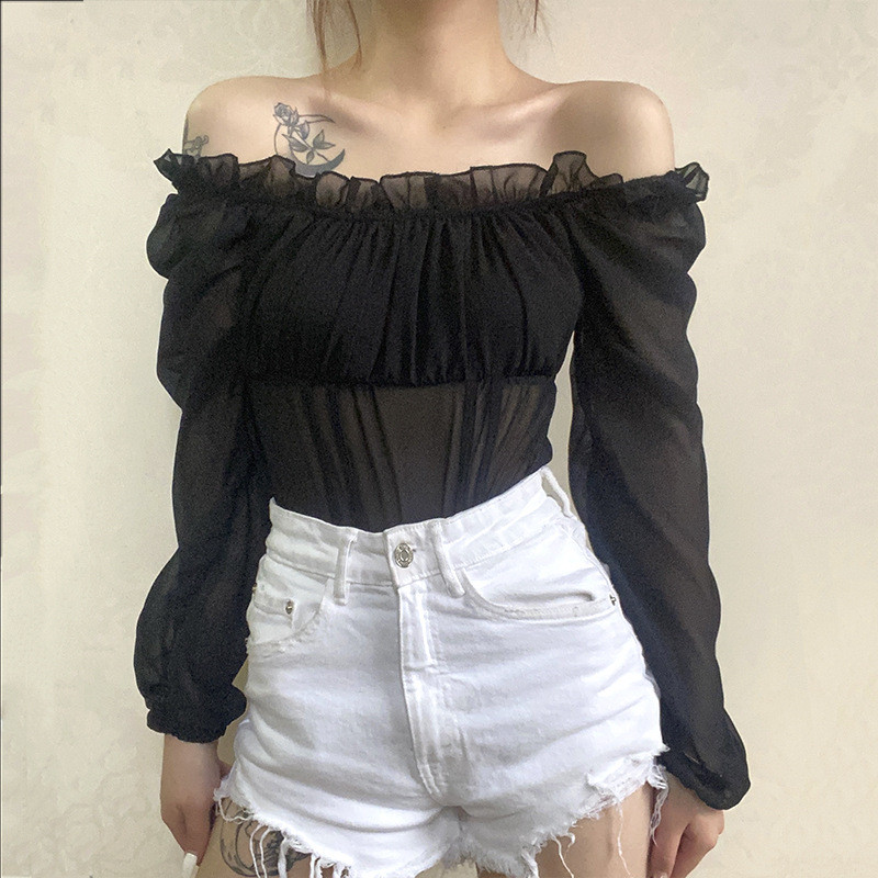 black sexy mesh see-through bodysuits womens autumn ruffle
