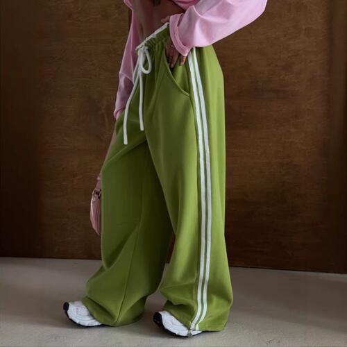 欧美风新款宽松松紧腰抽绳卫裤条纹休闲裤Loose drawstring pants