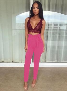 fit high pants waist slim skinny pencil pleated trousers