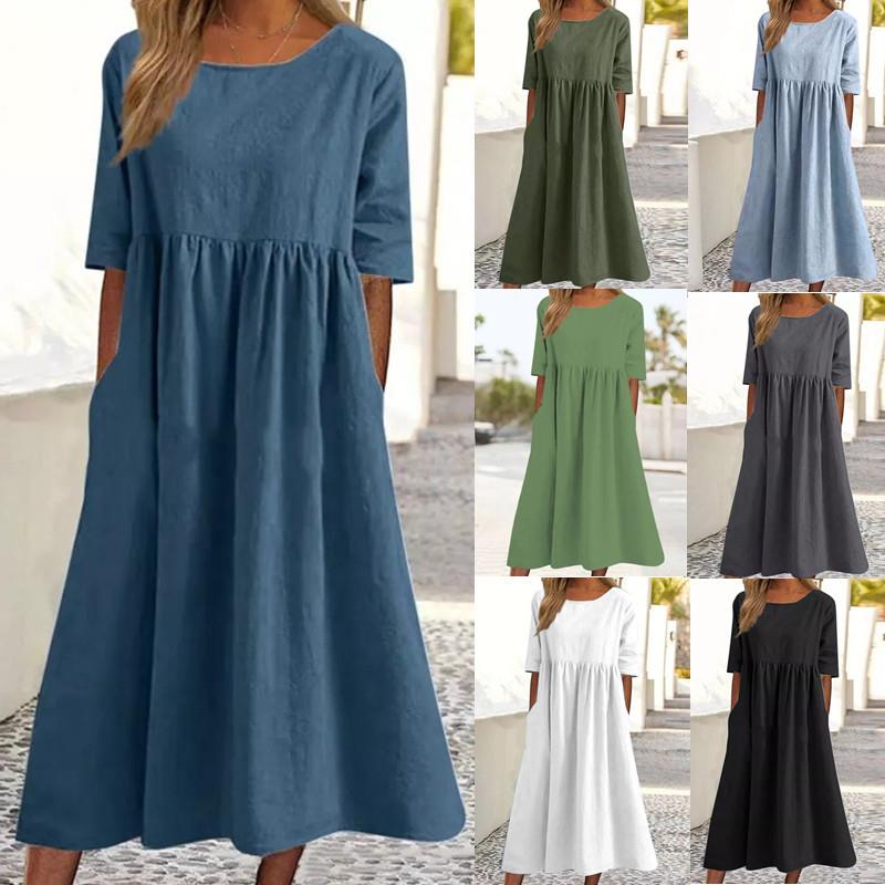 Cotton Short Round Pocket Casual Sleeve Pleated Linen Neck