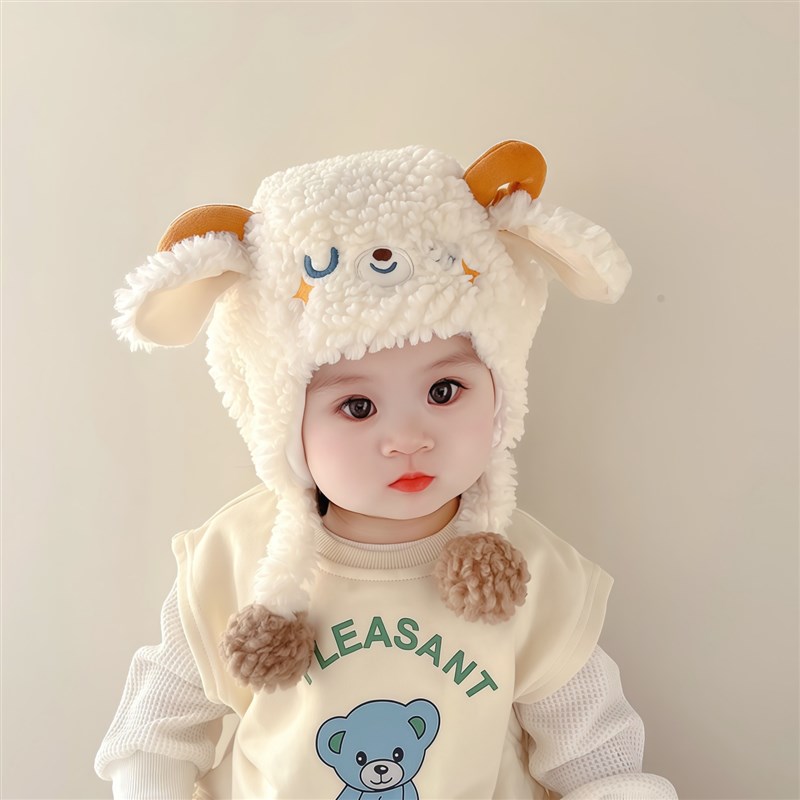 婴儿帽子6到12个月儿童加厚防寒保暖护耳帽可爱小羊女宝宝冬季3岁