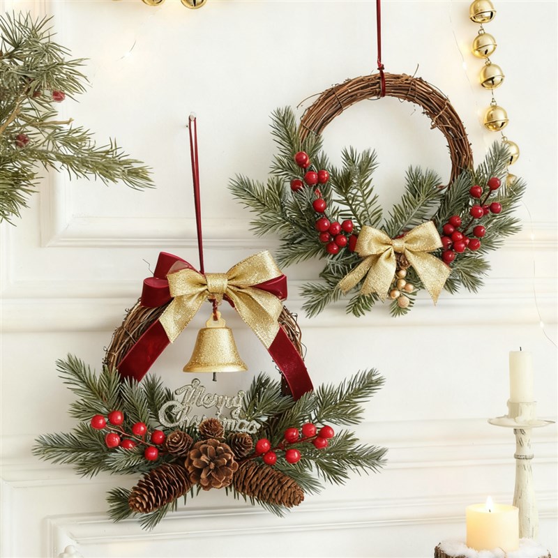 圣诞花环新款彷真花环客厅墙面场景装饰门挂藤条玩偶带灯带森系绿