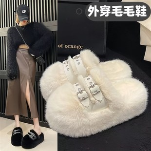 女士外穿毛毛拖鞋厚底增高包头松糕鞋冬天穿的保暖外出高级感半拖