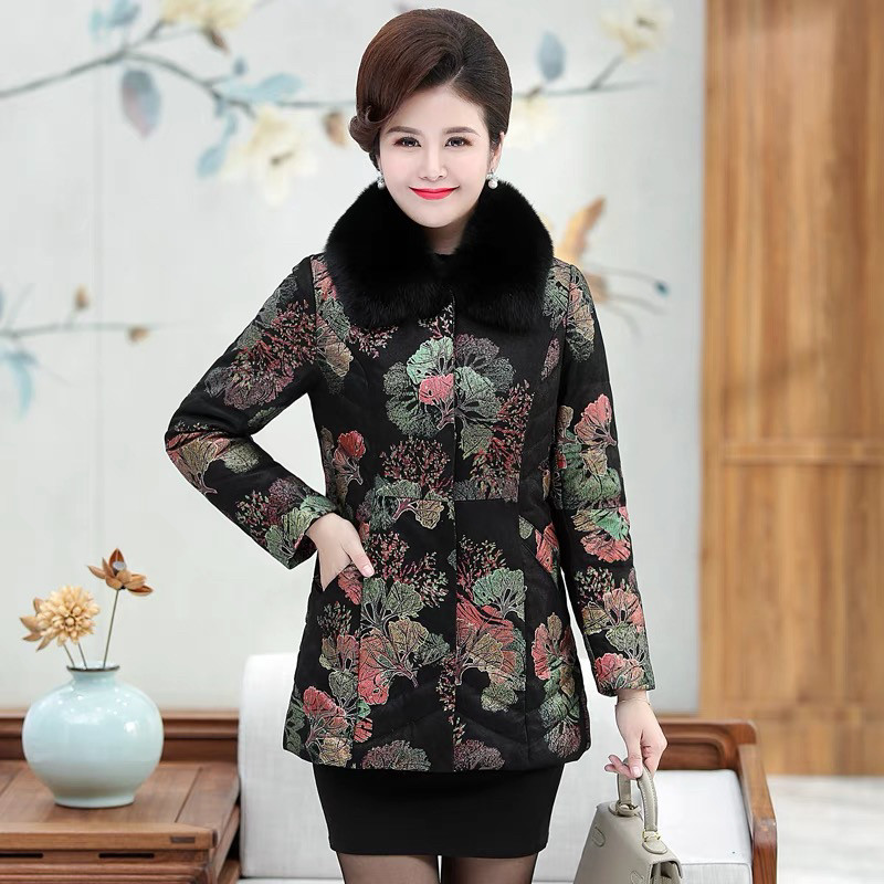 2024新款中老年真皮印花羽绒服皮衣女中长狐狸毛领妈妈装羊皮外套