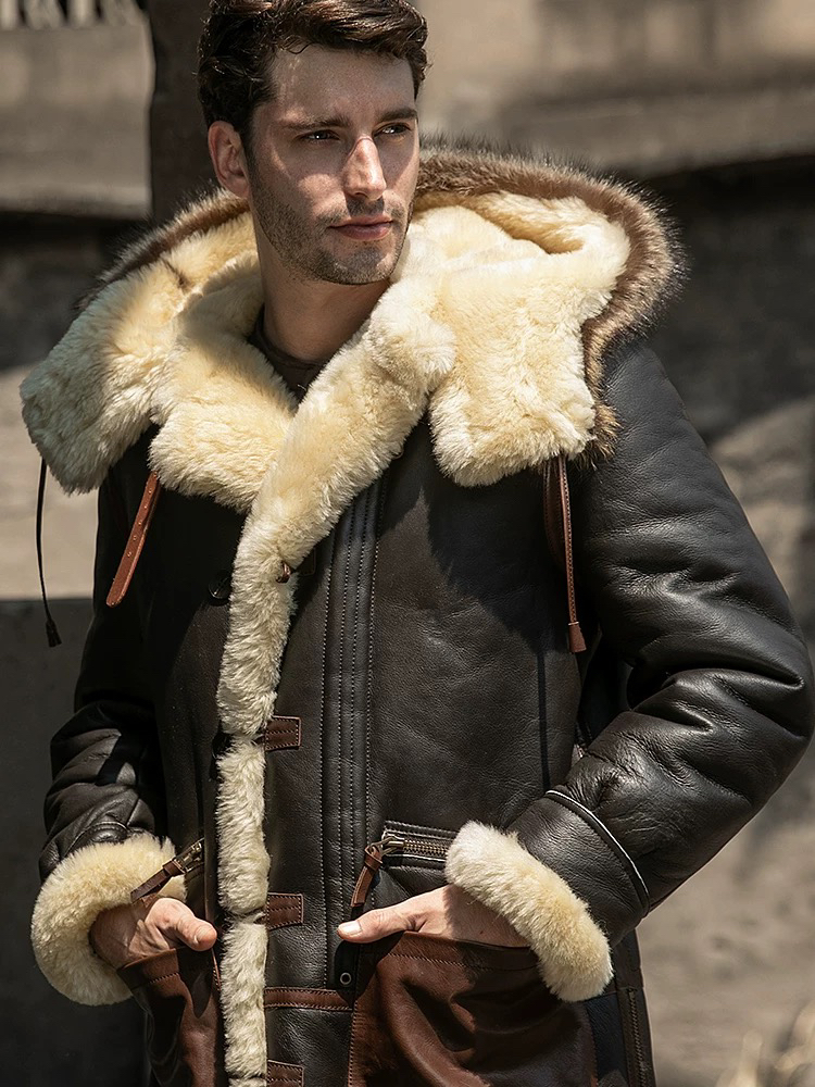 二战美军轰炸机飞行员B7皮毛一体男女同款连帽中长款绵羊皮草皮衣