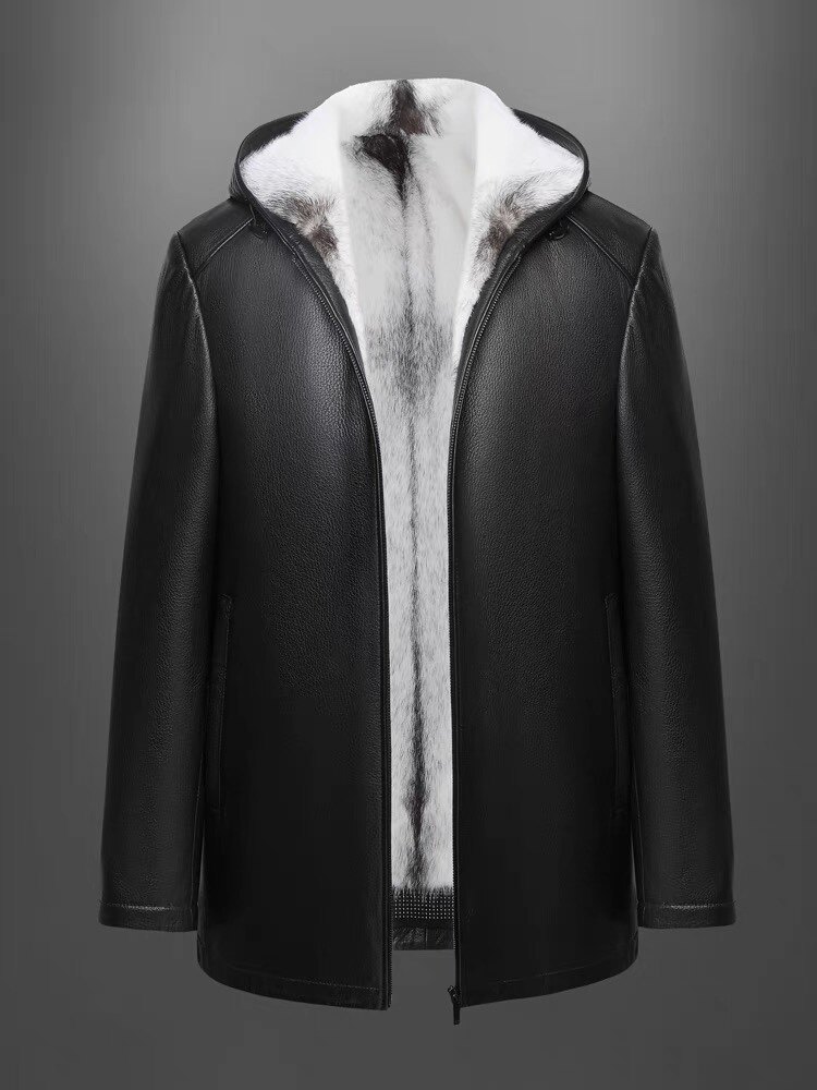 正宗进口鹿皮真皮皮衣男士十字貂内胆皮毛一体连帽派克服貂皮外套