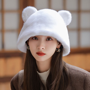 进口水貂毛帽子女整貂皮猫耳朵冬天保暖护耳时尚可爱韩版皮草帽子