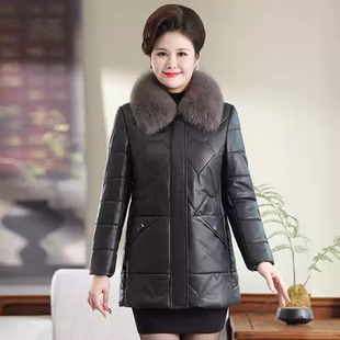 进口中老年妈妈装真皮绵羊皮羽绒服女士狐狸毛领皮草皮衣外套冬季