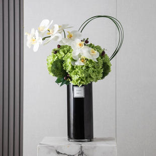 蝴蝶兰仿真花束摆件黑色花瓶前台花艺大堂客厅逼真手感绣球假花