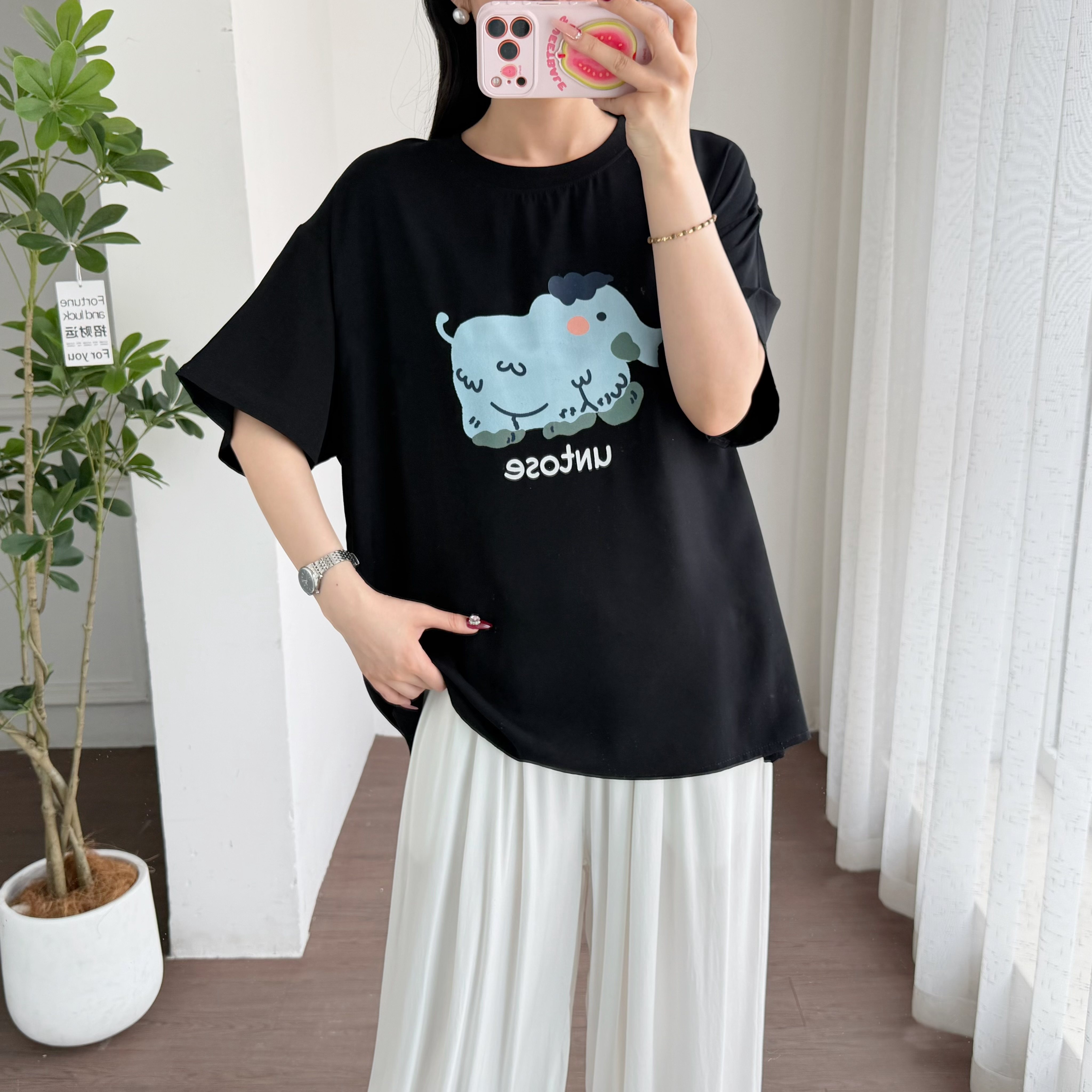 棉绸短袖上衣女夏季新款纯色圆领卡通印花宽松显瘦薄款人造棉t恤