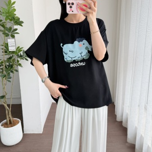 棉绸短袖上衣女夏季新款纯色圆领卡通印花宽松显瘦薄款人造棉t恤