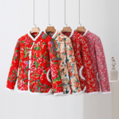 2025冬季 加棉棉衣女士盘扣网红棉服外套中国风宽松长袖 上衣大花袄