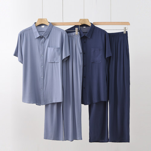 休闲风男士绵绸夏季薄款短袖衬衫长裤两件套中老年宽松家居服套装