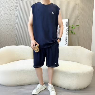 棉绸男士睡衣夏季纯棉背心短裤大码宽松家居服青少年人造棉套装
