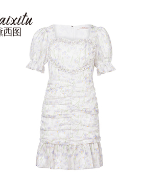 【仙女小洋洋专享】褶皱桃心方领紫色碎花连衣裙-1011000T32L0089