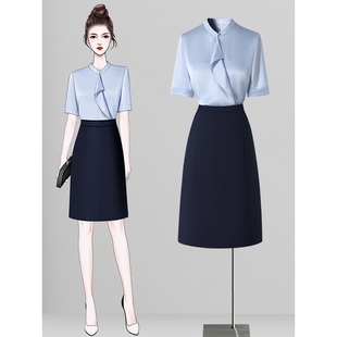 夏季蓝色短袖衬衫女上衣高级感轻奢减龄洋气通勤穿搭职业衬衣套装