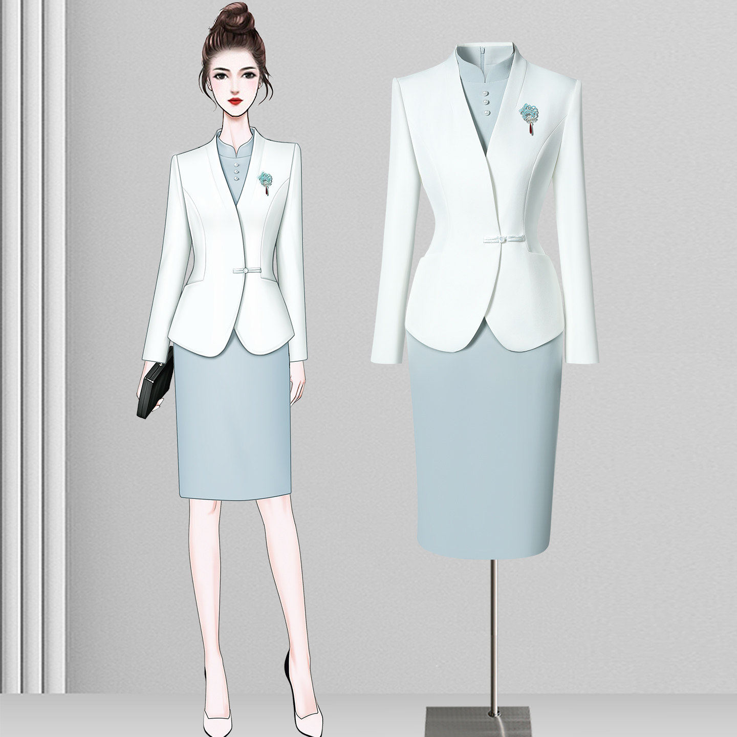 新中式西装套装女职业套裙美容院前台接待工装茶楼高端会所工作服