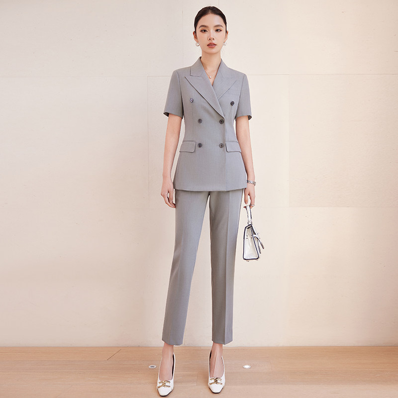 诗璐雅灰色职业西装套装女夏季短袖西服两件套商务干练通勤工作服