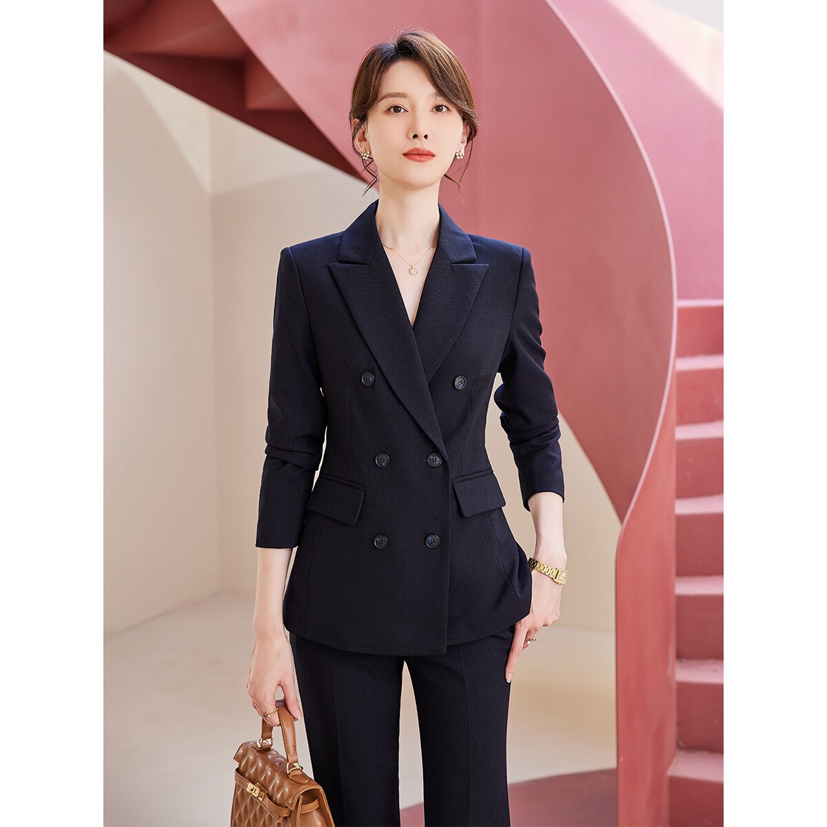 诗璐雅商务正装女长袖西装藏青色双排扣职业套装春秋公考面试西服