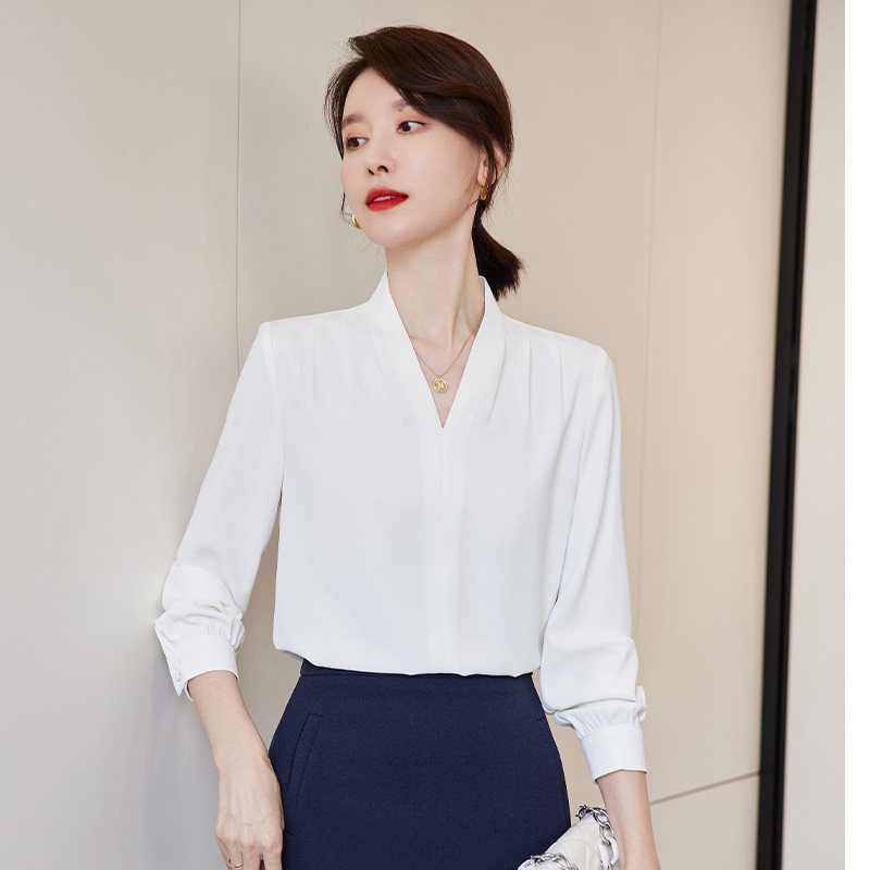 诗璐雅白衬衫女V领时尚女神范职业上衣西装打底衬衫气质通勤衬衣