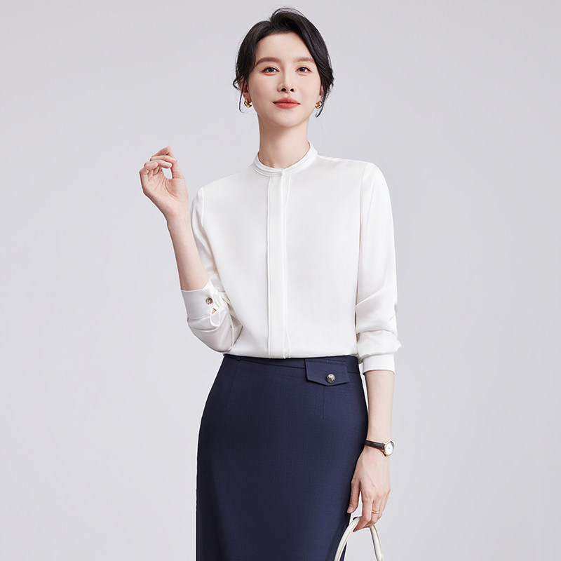 诗璐雅白色长袖衬衫女OL通勤职业衬衣简约小立领百搭上衣气质内搭