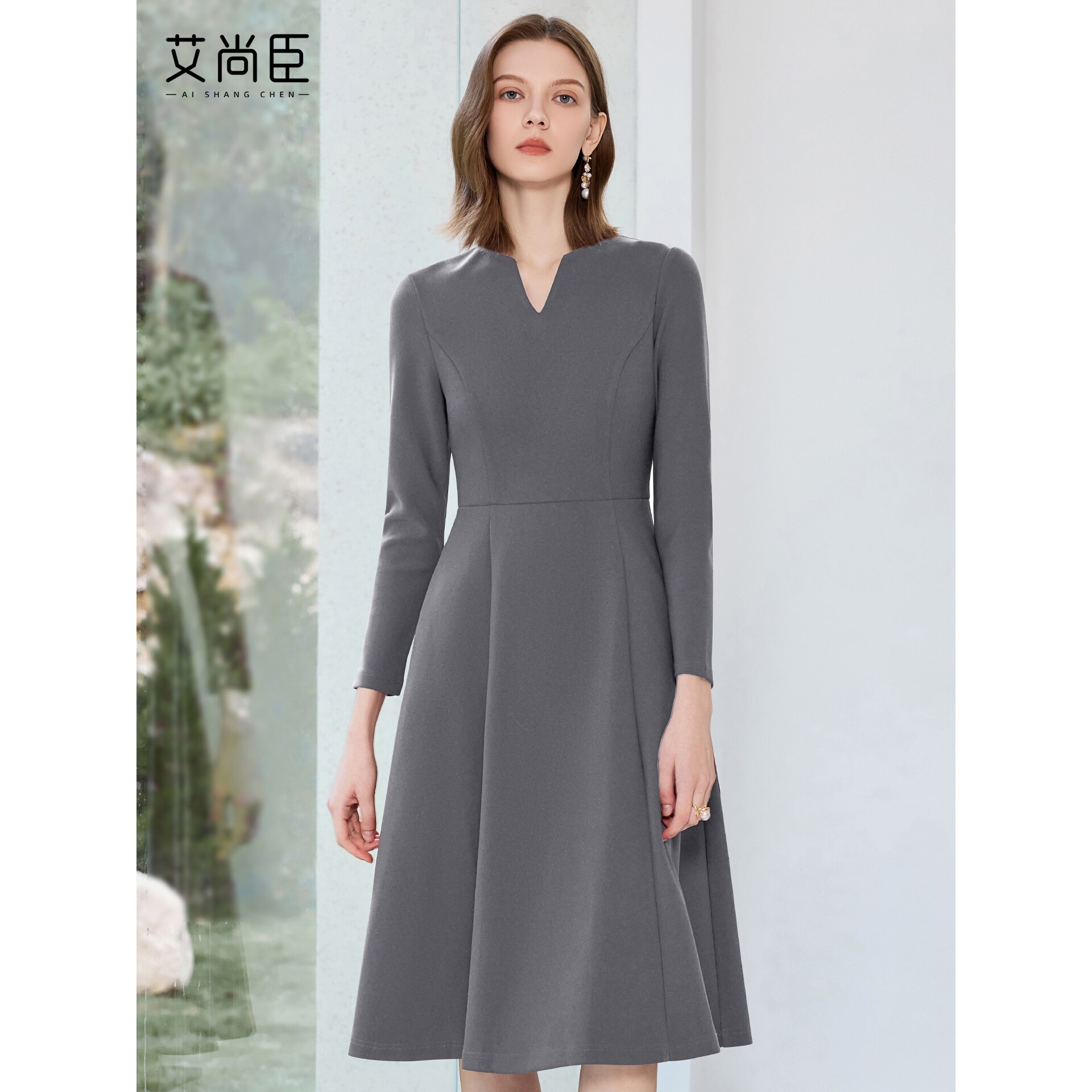 艾尚臣灰色职业连衣裙女气质设计感职业装优雅裙子正式场合工作服