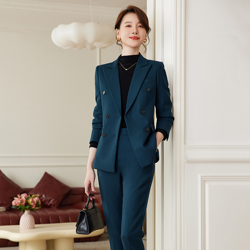 诗璐雅墨绿色西装套装女2024年双排扣羊毛西服职业装时尚商务正装