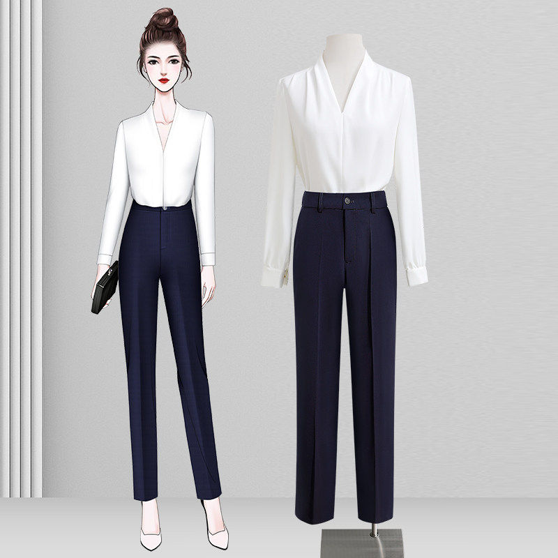 白色职业衬衫女春秋高级感时尚洋气打底内搭v领上衣ol通勤工作服