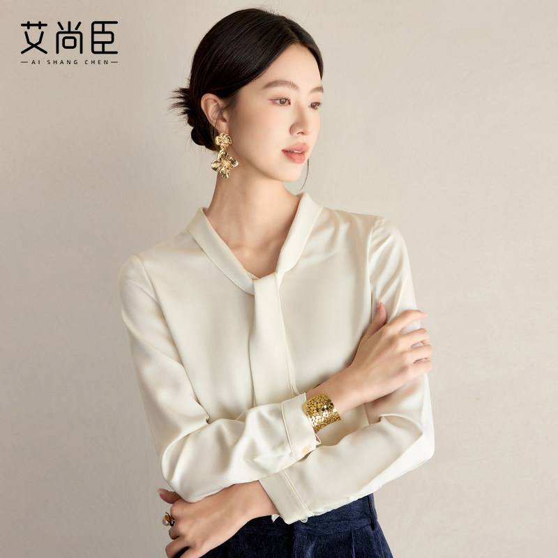 艾尚臣通勤杏色衬衣设计感小众法式小衫飘带衬衫女长袖面试上衣春