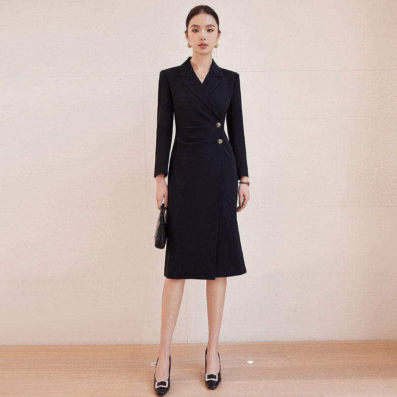 诗璐雅黑色西服连衣裙女中长款过膝裙子法式气质高级感正装西装裙