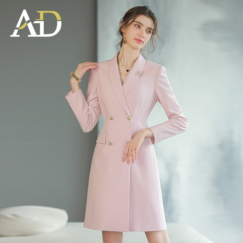 AD粉色职业连衣裙女播音主持人艺考正装学生面试演讲西装气质礼服