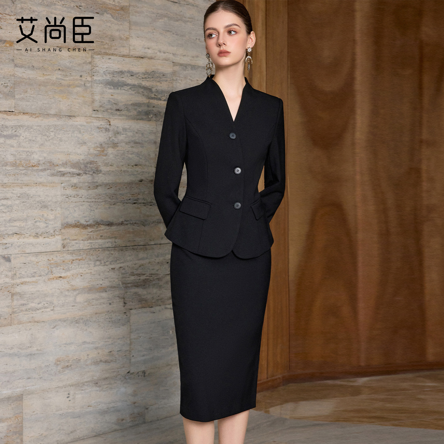 艾尚臣正式场合西装正装女职业套装黑色面试商务工作服西服两件套
