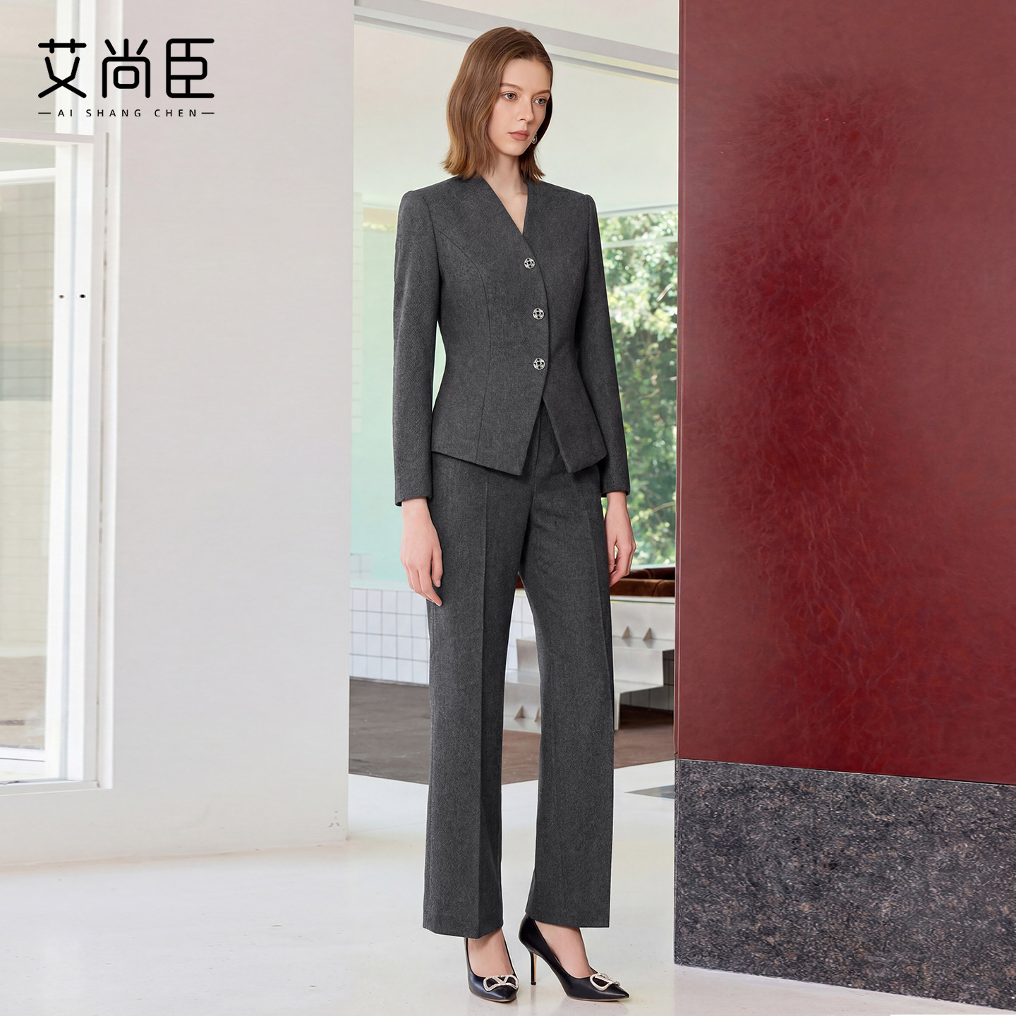 艾尚臣高级感灰色西装套装女春季长袖职业装通勤商务优雅风两件套