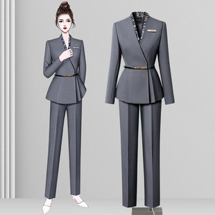 灰色高端职业套装女收腰西装制服酒店前台工装售楼处珠宝店工作服