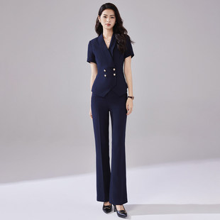 诗璐雅双排扣短款西装套装收腰显瘦行政白领职业微喇叭西裤两件套