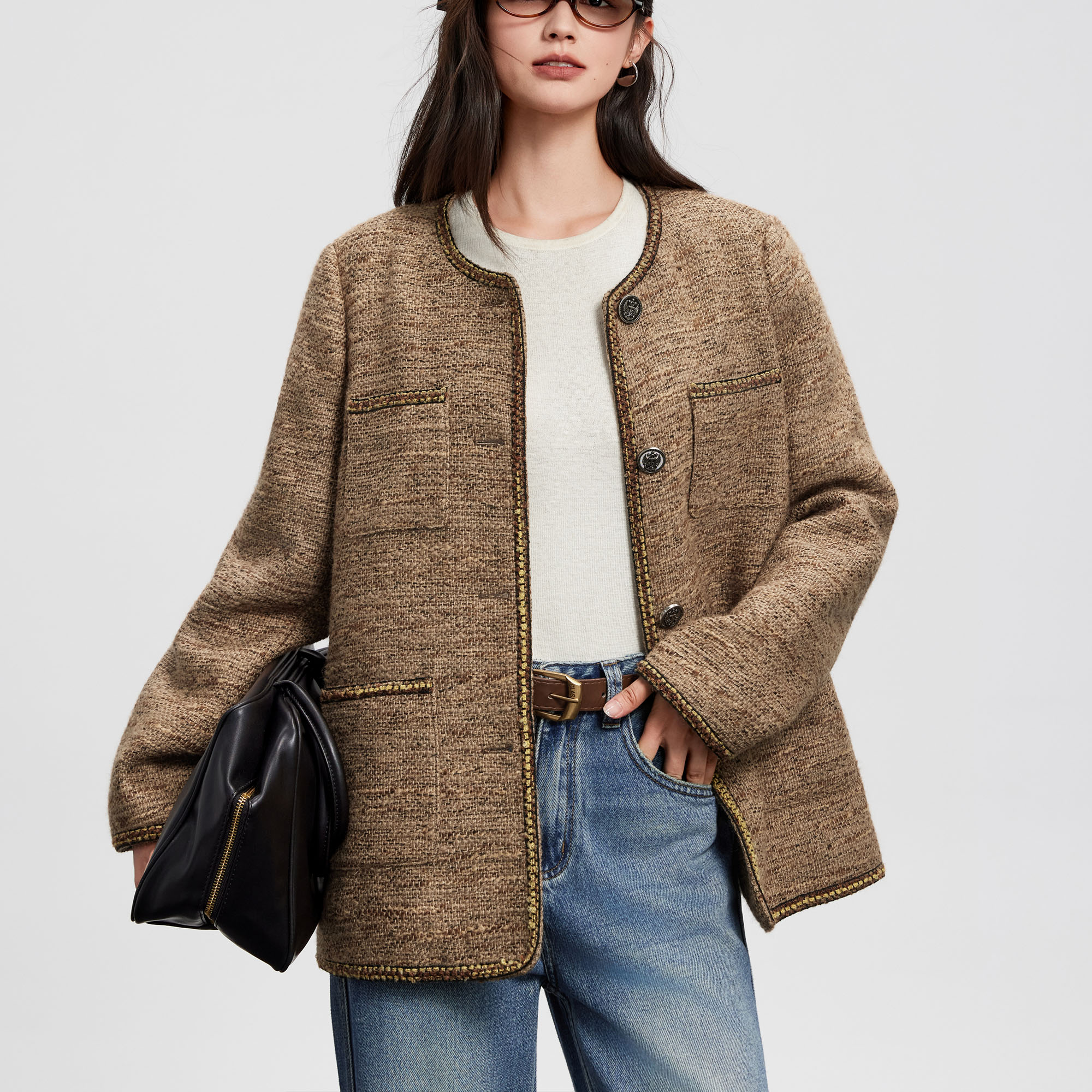 Basic House/百家好法式小香风圆领粗花呢外套女2025冬季羽绒服